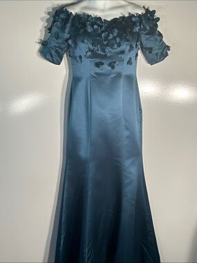 Missacc NWT Teal Satin Off Shoulder Flower Embellished Formal MOB Prom Bridesmai